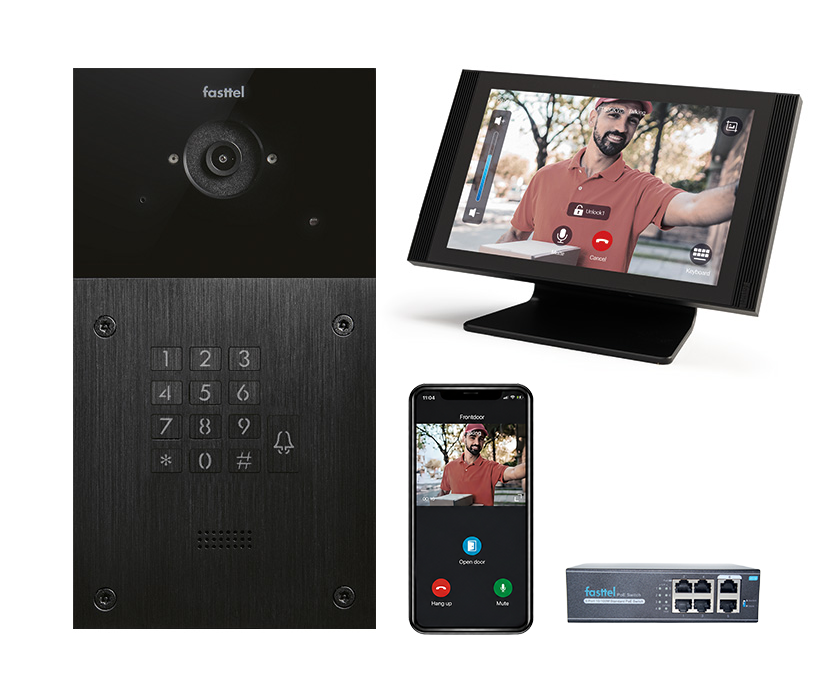 Video-Türsprechanlagen-Set IP Fasttel, 1 Klingeltaste, Codetaster mit luxuriöser Innenstation Video-Türsprechanlagen-Set IP Fasttel, 1 Klingeltaste, Codetaster mit luxuriöser Innenstation